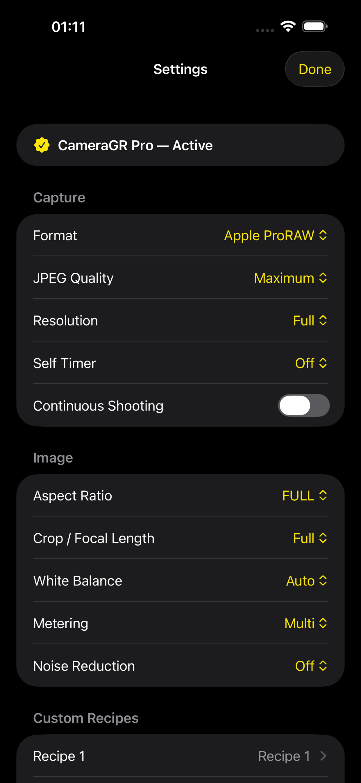 CameraGR custom recipe editor